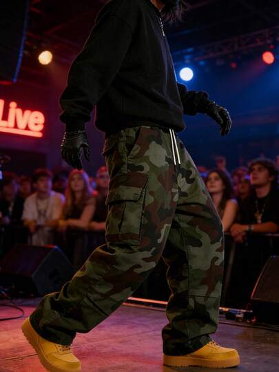 男士宽松迷彩工装裤，抽绳松紧腰阔腿休闲裤，多口袋街头嘻哈裤，适合日常户外穿着