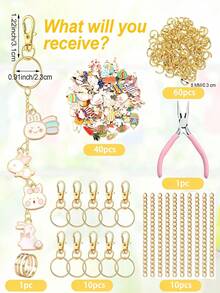 60/120件复活节钥匙扣制作套装，包含彩色合金吊坠（含彩蛋和兔子元素）、钥匙扣、细链和工艺钳，可用于DIY包包链和钥匙扣装饰 - 彩色 - 查看 9