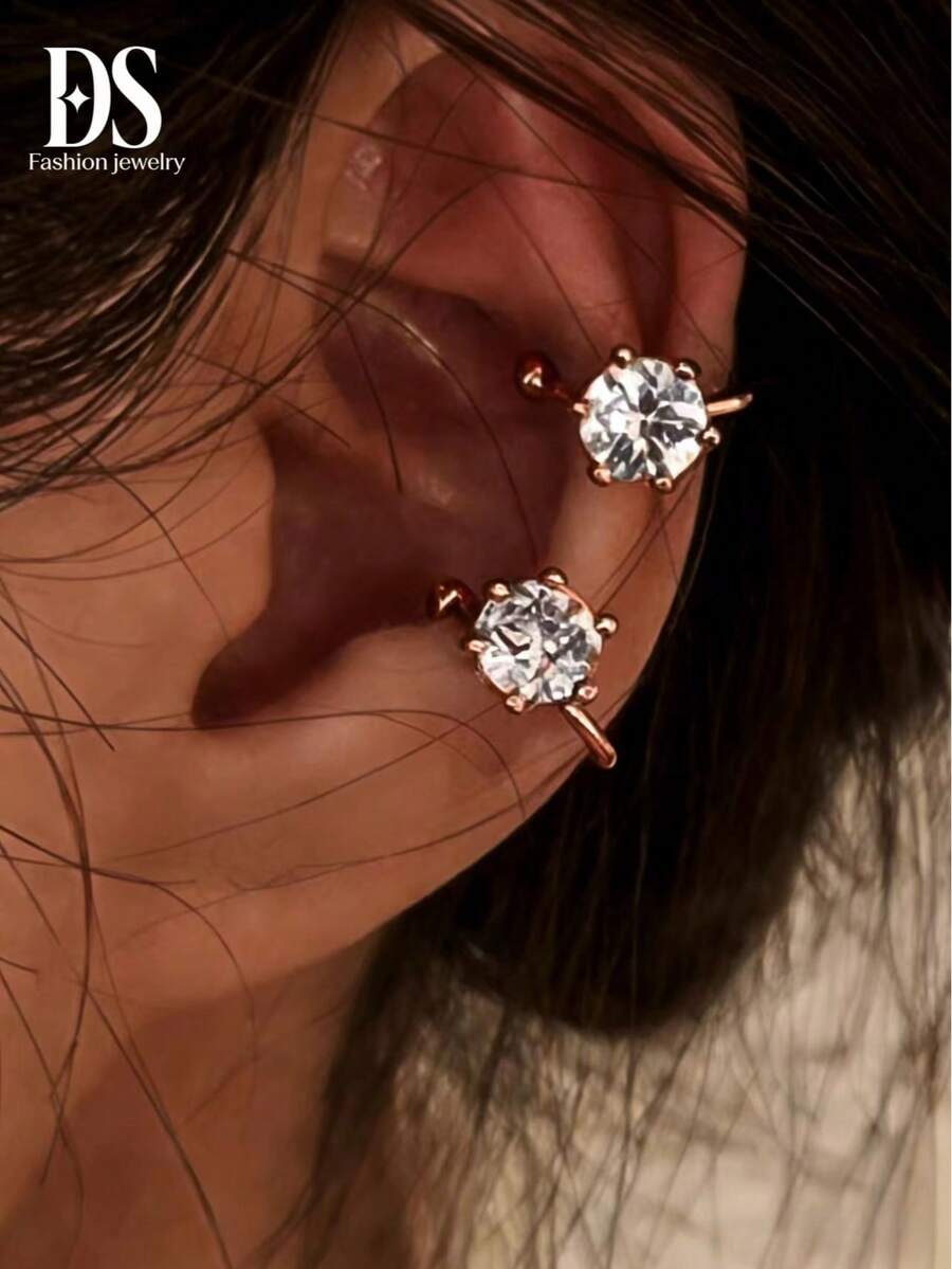 1 Pair Fashionable Rhinestone Ear Cuff Earrings, Versatile Elegant Clip-On Earrings For Women Without Pierced Ears, Luxury Delicate Earrings