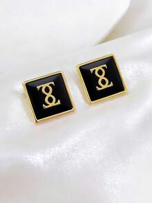 一对黑色水滴墨水字母耳钉，简约金色几何方形无限符号耳环，精致日常、派对、节日珠宝礼物 - 黑色 - 查看 6