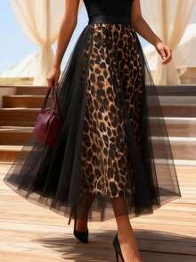 Plus Size Women's Leopard Print Casual Versatile Daily Outing Contrast Mesh Fashion Skirt Vacation - Multicolor - View 2