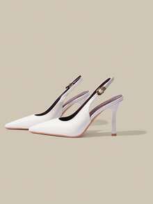 女士尖头高跟鞋，鞋跟高9.5厘米，优雅细跟，金属搭扣装饰，易于穿着的镜面PU材质，适合日常、派对、婚礼、通勤等场合，白色正式办公鞋，母亲节礼物 - 白色 - 查看 2