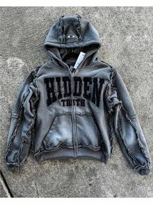 Men's & Women's High Street Retro Hooded Zipper Sweatshirt, Loose Casual Cardigan Jacket Top - 灰色 - 查看 2