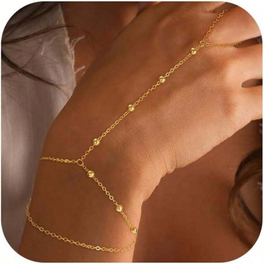 Hand Chain Bracelets Women - 14K Plated Dainty Stackable Paperclip Link Bracelets Hand Chain Bracelet Ring Gold Bracelets Women - Dây chuyền đeo tay 4 hạt - Xem 1