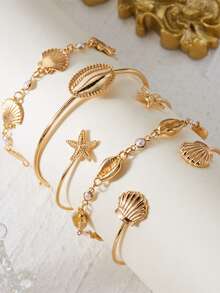 Set de 5 piezas de pulsera con estrellas de mar y conchas, adecuado para que las mujeres lo usen en viajes a la playa - Multicolor - Ver 3