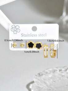 3 Pairs Stainless Steel Micro-Inlaid Diamond Flower Stud & Hoop Earrings Set, Fashionable & Versatile For Daily Wear - Multicolor - View 4