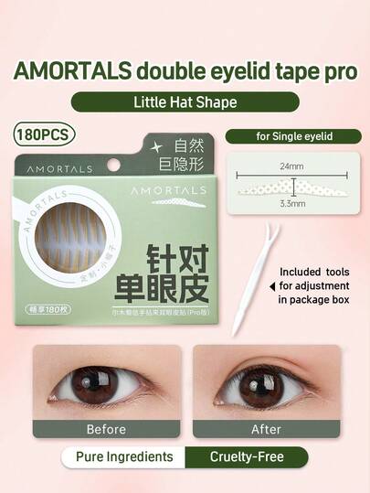 Amortals 180片双眼皮贴，24mm*3.3mm隐形双眼皮贴，适用于单眼皮（含涂抹工具），妆效自然，哑光质地，防水防汗，适合化妆新手、专业化妆师，也是约会、婚礼、圣诞节、万圣节、感恩节、毕业典礼、生日、节日、Y2K、时尚女性、化妆品品牌、美容派对、海滩旅行、露营、学校活动、装饰等场合的理想礼物。