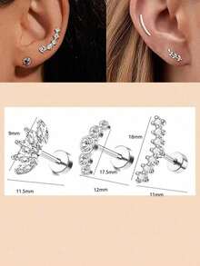 3件套16G平底耳骨耳钉，耳廓穿刺饰品，女士不锈钢蛋白石锆石耳廓耳屏耳骨穿刺饰品，花朵蛇叶螺旋耳钉套装 - silver stud earring - 查看 2