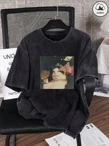 加大码女式夏季猫咪印花水洗纯色休闲简约复古日常宽松圆领棉质短袖T恤上衣 黑色 - 黑色 - 查看 5