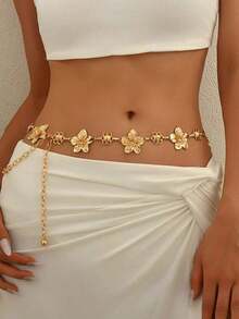 1pc Vintage Fashion Personalized Metal 3D Five-Petal Flower Splice Waist Chain, Bohemian High-End Versatile Dress Chain Waistband, Suitable Women In Any Occasion - 黃金2 - 查看 3
