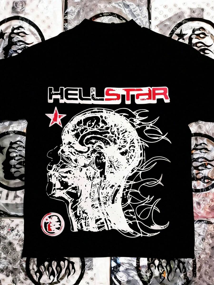 Hellstars Brain Silhouette Vintage Graphic T-Shirt,220g 100% Cotton,Round Neck Short Sleeve,Black Streetwear Essential For Summer Going Out,Unisex Style - 黑色 - 查看 1