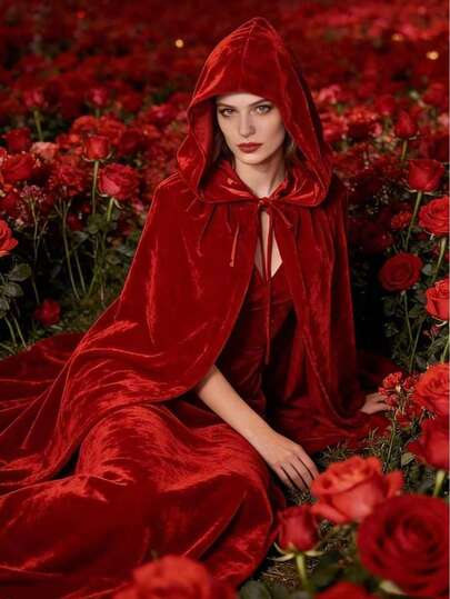 Velvet Hooded Cape - Luxury Red Cloak For Women, Suitable For Dates, Movie-Themed Outfits, Role-Playing And Carnival Parties. Elegant Solid Color Design, Perfect For Valentine's Day Photoshoot. Velvet Cape