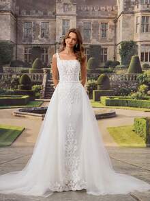 HEARBOBO 优雅复古白色蕾丝贴花美人鱼婚纱，带拖尾，春季款 - 白色 - 查看 7