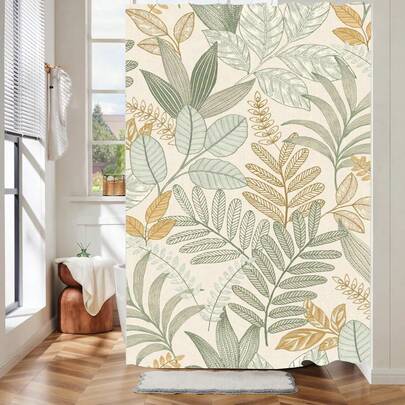 1件简约复古树叶图案浴帘，植物树叶印花浴帘，适用于各种房间门窗、浴室装饰隔断、浴室配件。