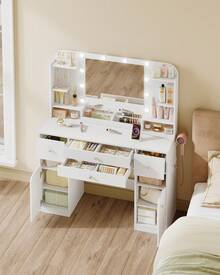 HaluPeit Vanity Desk With HD Mirror And Led Light, Makeup Vanity With Power Strip, 42.5'' Large Tabletop, Dressing Table With 4 Drawers, 2 Open Storage Cabinets, With Jewelry Storage, White - 白色 - 查看 4