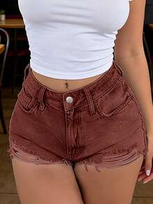 Women's Casual Pocketed Button Distressed Denim Shorts, Versatile For Daily Wear - Brown - View 4