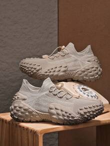 GAISIMA 1双男士纹理针织鞋面运动鞋，独特压纹外底，休闲鞋，适合街头服饰和日常穿着 - 卡其色 - 查看 3