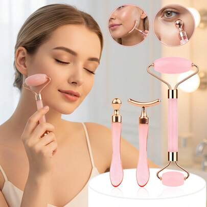 3pcs Multi-Functional Massage Roller, Designed To Fit Skin, Massages Cheeks, Jawline, Neck To Promote Circulation And Improve Fine Lines, Suitable For Home Relaxation And Convenient Travel
