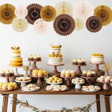 12 Peças Conjunto de Decoração de Leque Redondo de Favo de Mel de Papel Marrom, Adequado para Aniversário Boho Neutro, Chá de Panela, Despedida de Solteira, Cabine Fotográfica de Casamento, Decorações de Festa de Papel para Aniversário - B - Visão 2