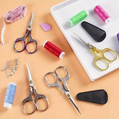 1 Set de tijeras de acero inoxidable de alta precisión con funda protectora de cuero con borla, adecuadas para bordado, costura, corte de tela e hilos, ideal para sastrería y costura, artesanía vintage, adecuado para estudiantes, oficina y costura a mano