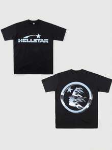 Hellstars  Star Logo Flame Silhouette Retro T-Shirt Double Sided Printed (220g 100% Cotton T-Shirt), Summer Clothes, Women's Tops, Casual And Comfortable, Fashionable Graphic Tee, Unisex Style - 黑色 - 查看 1