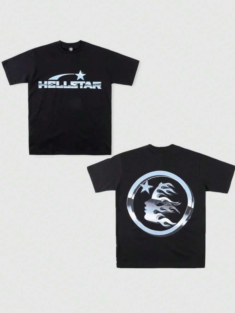 Hellstars  Star Logo Flame Silhouette Retro T-Shirt Double Sided Printed (220g 100% Cotton T-Shirt), Summer Clothes, Women's Tops, Casual And Comfortable, Fashionable Graphic Tee, Unisex Style - 黑色 - 查看 1
