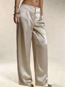 Quần dài nữ bằng lụa satin màu trơn có túi và khóa kéo, thích hợp cho kỳ nghỉ, công sở, tiệc trưa, trang phục sân bay, mọi mùa xuân. - Rượu sâm banh - Xem 3