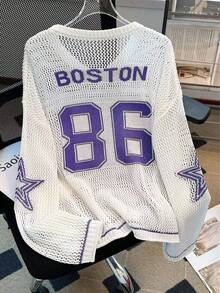 Áo sweatshirt nữ mùa hè dáng rộng, kiểu dáng thoải mái, in số, chất liệu nhẹ, thoáng khí. - Màu tím hoa cà - Xem 3