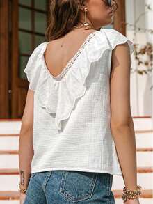 Top sin mangas con cuello en V, bordado y volantes, de unicolor, estilo casual de vacaciones SUNSTORY - Blanco - Ver 7