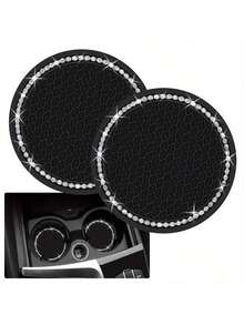 2 Pieces Of Glossy Black Silicone Car Cup Mats, With Crystal Rhinestone Edges – 2.75inch Non-Slip Design, Compatible With Car Cup Holders, A Fashion Accessory Specially Designed For Women And Girls, Car Cup Mats - 彩色 - 查看 10