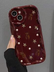 蝴蝶结奶油色漩涡波浪边酒红色简约防震加厚手机保护壳，印花设计，适用于 17/17 Pro/17 Pro Max、16 XR/7/8、15 Pro Max、12 Pro Max、13 Pro Max、14 Pro Max、13、14、11、12、P11、P12、XS、XR、7/8、P、7/8 GES2 - 彩色 - 查看 6