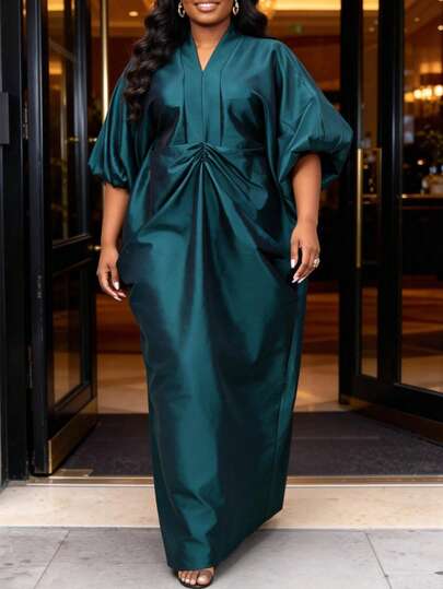 Modest Peacock Blue Maxi Bubu Dress With Pleated Waist V Neck Puff Sleeves Kimono Dress For Formal Event Church Celebration Spring