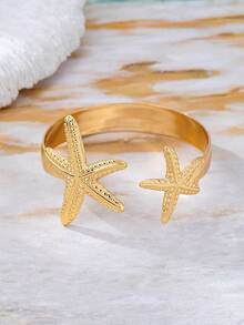 3pcs/Set Minimalist Gold-Tone Beach Vacation Theme Starfish Shell Water Drop Thick Bracelet Set, Suitable For Women, Solid Metal And Zinc Alloy Material - Yellow Gold - View 10
