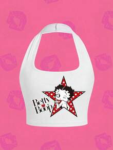 SHEIN X Betty Boop 卡通圖案字母印花掛脖背心上衣 可愛時尚休閒風 - 白色 - 查看 1