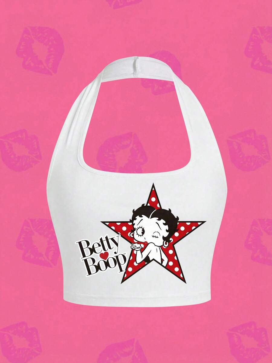 SHEIN X Betty Boop 卡通圖案字母印花掛脖背心上衣 可愛時尚休閒風 - 白色 - 查看 1