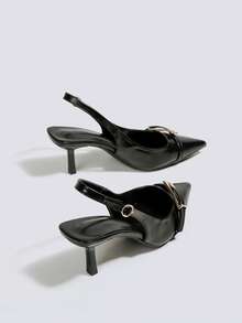 女士黑色露跟高跟鞋、派对高跟鞋、婚鞋、高跟浅口鞋、高跟凉鞋、玛丽珍鞋、正装鞋、尖头套脚高跟鞋 - 黑色 - 查看 5