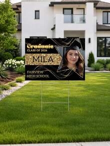 1 pieza Telón de fondo de graduación personalizado de tela, póster impreso con tema negro y dorado, pancarta de graduación con nombre de clase personalizable, fondo de fibra de poliéster, letrero de jardín de graduación dorado brillante, decoraciones para fiesta de graduación - Multicolor - Ver 6