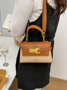 Mini Fashionable Solid Color Flap PU Handbag - Brown - View 6