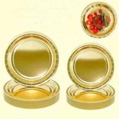 10/20/30/50/100个装金色纸质餐具，沙拉盘、甜点盘，一次性派对餐盘，7英寸和9英寸两种尺寸可选，易于清洗，适用于蛋糕、甜点、沙拉、汉堡、三明治、开胃菜、水果，适合生日派对、婚礼、户外露营、新年、情人节等场合。