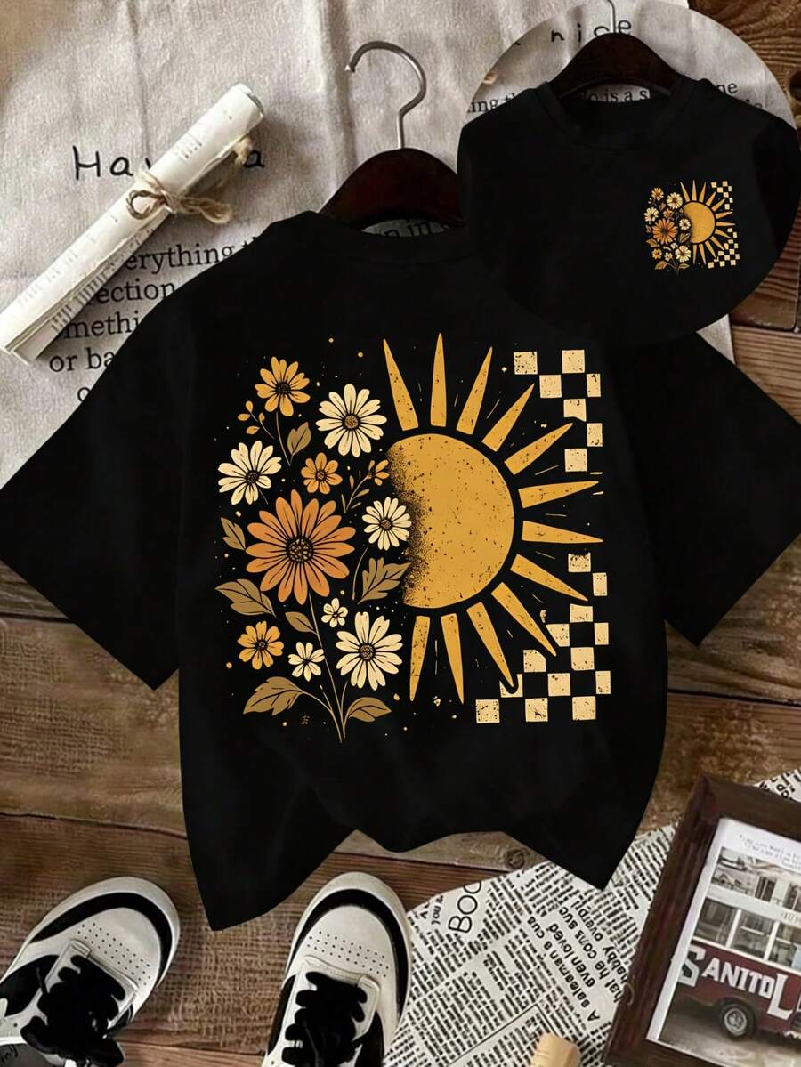 Women's Round Neck Short-Sleeved T-Shirt, Super Loose Top, 100% Cotton Top, Soft And Comfortable, Everyday Casual, Streetwear, Fun Floral And Sun Patchwork Print, Summer, Festival, Y2K, Autumn And Winter Fun T-Shirt, Vacation, Beach, Casual, 90s, Cute Tops, Easter, Carnival, All Seasons, Office/Lounge/Home/Outdoor Sports/Simple, Western, Black Top - Black - View 1