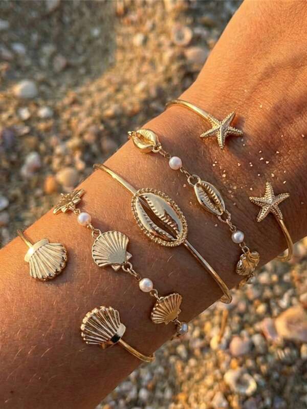 Set de 5 piezas de pulsera con estrellas de mar y conchas, adecuado para que las mujeres lo usen en viajes a la playa
