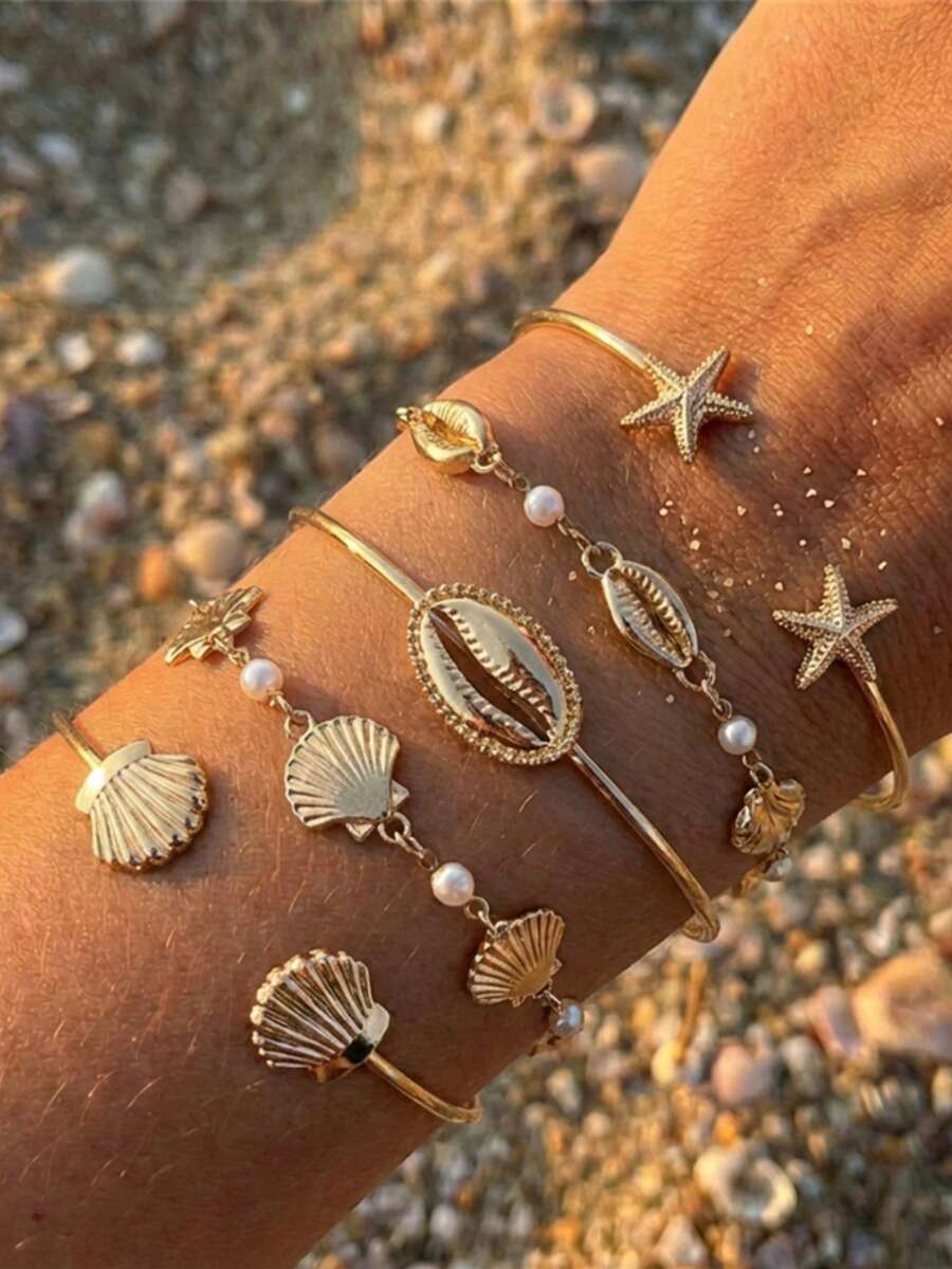 Set de 5 piezas de pulsera con estrellas de mar y conchas, adecuado para que las mujeres lo usen en viajes a la playa - Multicolor - Ver 1