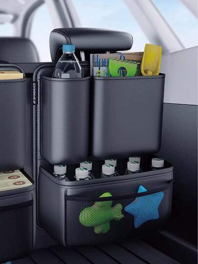 大容量汽车后备箱收纳袋，防水耐用便携式储物袋，内含弹性海绵，防水皮革储物袋带网袋，适用于SUV和轿车的悬挂式收纳袋，空间宽敞，易于清洁