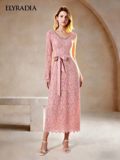 Women's Summer Pink Lace Midi Dress Long Sleeve Slim Fit Fashion Party Elegant Dress Summer Vacation Outfit