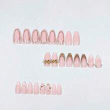 24Pcs Minimalism Style Yellow & Pink Flower Decor French Manicure Medium Almond Shaped Artificial Nail Tips, Suitable Office Ladies, Daily Wear, Dates, Afternoon Tea, Outdoor Activities Press On Nails Nail Supplies Nails - 彩色 - 查看 3