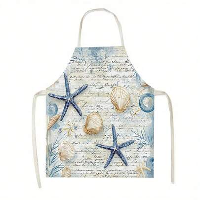 1pc Apron With Star - Fish And Shell Pattern , Suitable For Kitchen, Living Room, Dining Room, Hotel, Outdoor Barbecue, Cleaning, Home - Use, Outdoor Scenarios, 100% Polyester Material, Lightweight, Machine - Washable, Large - Size Kitchen Apron