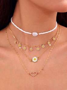 4件套新款时尚多层可叠戴奢华雏菊和仿珍珠项链套装，适合度假、派对、节日礼物 - 彩色 - 查看 2