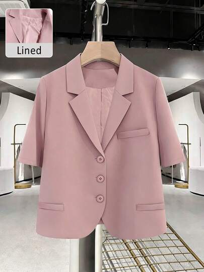 Áo blazer nữ dáng rộng tay ngắn, màu trơn, chất lượng cao, có lớp lót, cài cúc phía trước, thích hợp cho công sở và mặc hàng ngày.