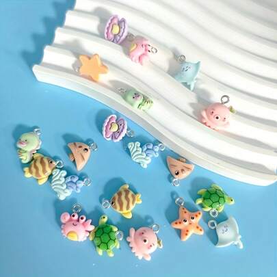 Bộ phụ kiện chủ đề Đại dương 10/30/60 món - Mặt dây chuyền bằng nhựa (Cua, Vỏ sò, Cá tam giác, Cá san hô, Sao biển, Cá ngựa) dùng để tự làm trang sức, vòng cổ, vòng tay.