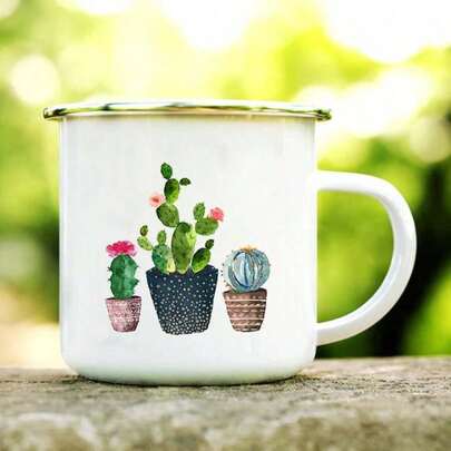 Tasse à café, thé, eau, lait avec imprimé émail de plante tropicale et de cactus, mug de camping d'été, cadeau de vacances